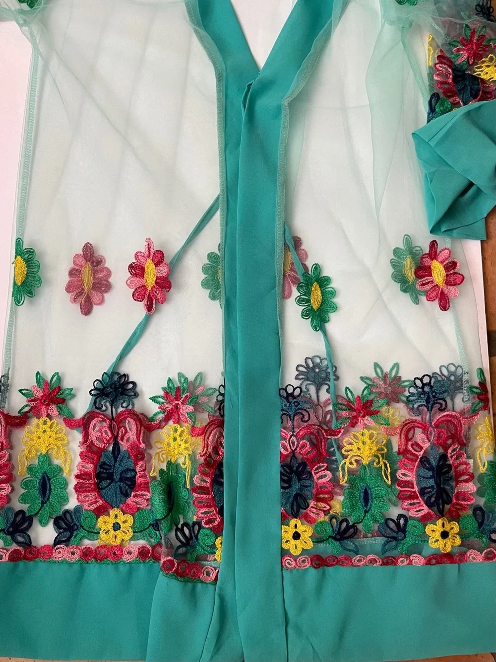 ASHA Sheer Floral Embroidered Swim Cover-Up Kimono Duster Boho Beachwear